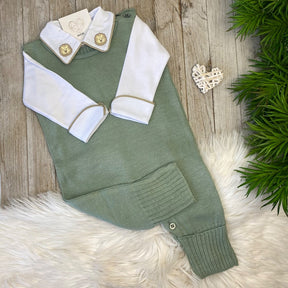 Saída De Maternidade Masculina Bebê Tricô Caio 7 Peças - ACOMPANHA BODY PERSONALIZADO                                                                        Verde Maré