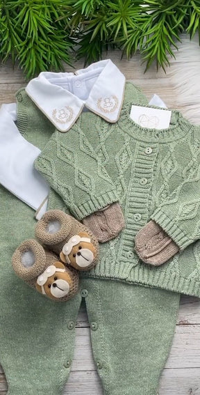Saída De Maternidade Masculina Bebê Tricô Caio 7 Peças - ACOMPANHA BODY PERSONALIZADO                                                                        Verde Maré