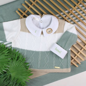 Saída De Maternidade Masculina Bebê Tricô 5 Peças Felipe - ACOMPANHA BODY PERSONALIZADO                                                                        Verde Maré