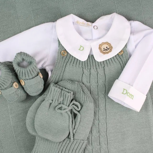 Saída De Maternidade Masculina Bebê Tricô Caio 7 peças - ACOMPANHA BODY PERSONALIZADO                                                                        Verde Maré